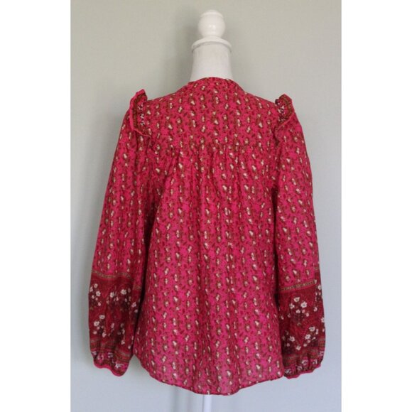 JOIE Boho Prairie Peasant Blouse Bright Pink Ruffled Top, Size  L Large - Picture 6 of 10